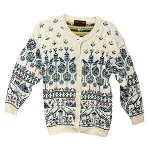 VTG PAST TIMES Womens Cottage Birds Cardigan Sweater Sz M Wool Button Front Flaw
